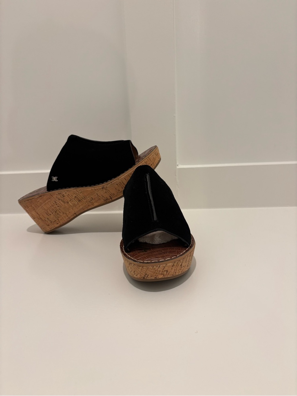 Sam Edelman Black Cork Wedge Peep-Toe Sandals - Women
